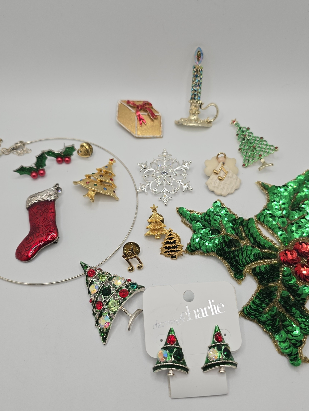 Christmas Jewelry Lot Brooches Pins Earrings Necklace Rhinestone Sequin Holiday